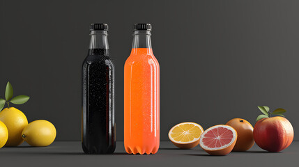 symphony of freshness of bottled juice and fresh fruits, bottled juice mockup, on black background