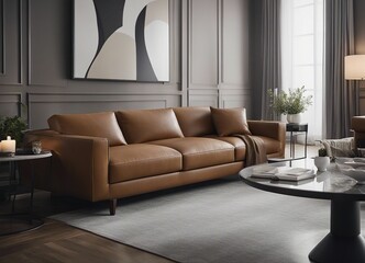 camel colored leather sofa and gray wall color, minimalist design
