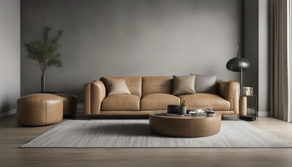 Fototapeta na wymiar camel colored leather sofa and gray wall color, minimalist design 