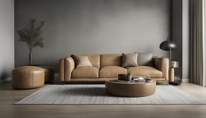 Foto auf Alu-Dibond camel colored leather sofa and gray wall color, minimalist design  © abu