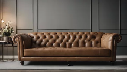 Foto op Plexiglas camel colored leather sofa and gray wall color, minimalist design  © abu