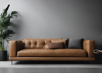 camel colored leather sofa and gray wall color, minimalist design
