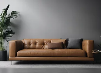  camel colored leather sofa and gray wall color, minimalist design  © abu