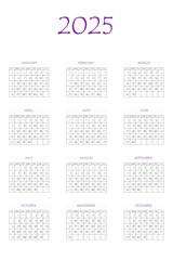 2025 calendar planner. Corporate week. Template layout, 12 months yearly, white background. Simple design for business brochure, flyer, print media, advertisement. Week starts from Monday