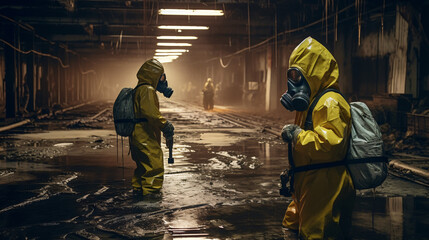 Technicians in gas masks assess toxic spills in industry - obrazy, fototapety, plakaty