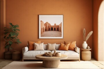 Mediterranean-style room in warm earth tones, featuring a terra cotta mockup frame, neutral color palette with orange accents. Generative AI