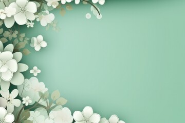 Fototapeta na wymiar Spring summer flower abstract pastel green banner with frame of white copy space for text and design