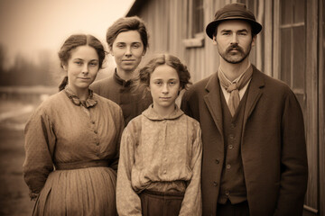 A family photographed in sepia tones stands in front of a barn, in the style of 19th century style, vintage retro style Sepia-Toned Vintage Family Portrait - Powered by Adobe