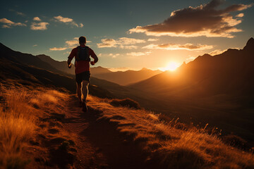 Obraz premium Trail runner running on a mountain trail in nature. Healthy outdoor sports lifestyle and fitness activity.