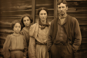 A family photographed in sepia tones stands in front of a barn, in the style of 19th century style, vintage retro style Sepia-Toned Vintage Family Portrait - Powered by Adobe