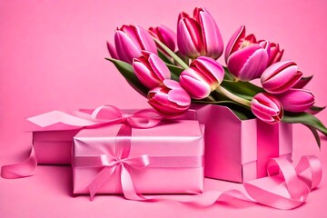 bouquet of tulips with gift box