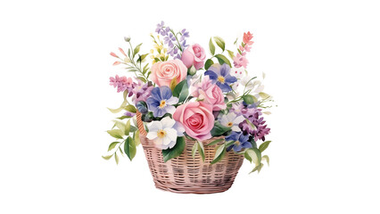 Bouquet of flowers in basket cutout. Flowers in basket in watercolor on transparent background.