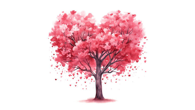 Love tree cut out. Tree in heart shape in watercolor style. Love tree on transparent background