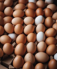 freshly collected organic eggs in cardboard boxes, top view 
