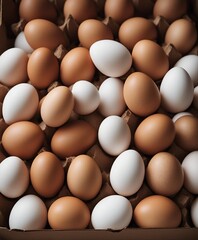 freshly collected organic eggs in cardboard boxes, top view 
