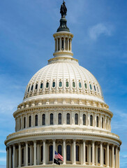 Vertical photo of the bronze statue and monument of the capitol in Washington DC (USA), the site of the United States congress and senate.