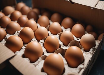 freshly collected organic eggs in cardboard boxes, top view 
