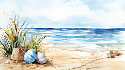 Fototapeta na wymiar Beachside Easter with Painted Eggs and Ocean View
