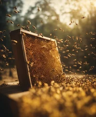Zelfklevend Fotobehang honey hive and swarm of bees on the farm  © abu