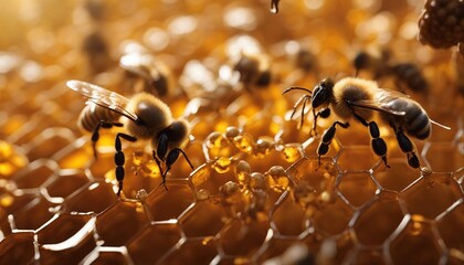 honey hive and swarm of bees, macro view

