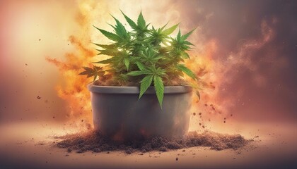 mature marijuana growing in a pot, under dim light, blurred background
