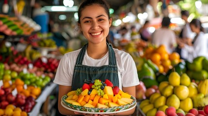Obraz premium person buying fruits at the market, vibrant employee standing at the fruit stall, holding a colorful fruit salad, with a radiant smile, surrounded by a variety of healthy food options