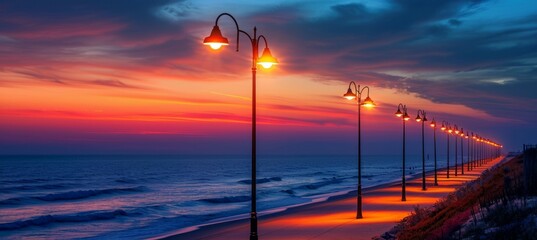Classic street lamp and dramatic sunset at sea. Generative AI technology.