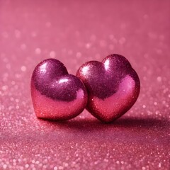 Obraz premium Two Hearts On Pink Glitter valentines day concept, copy space