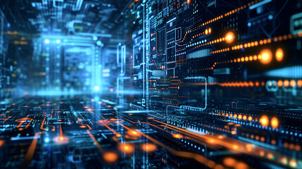 Fototapeta premium creative wallpaper digital board with electronic circuits in multispectral light shades, illustrating concept of modern technology and information flow in techno art style