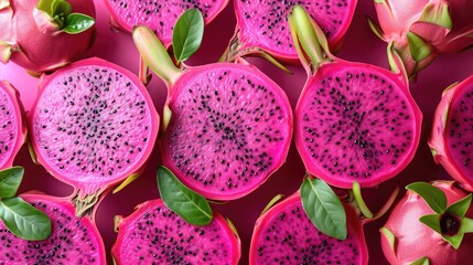 Obraz na płótnie Canvas Stunning background featuring slices of vibrant dragon fruit arranged artistically, capturing the exotic appeal and refreshing hues, full of frame, fresh vibe, top of view, Dragon Fruit Delight.