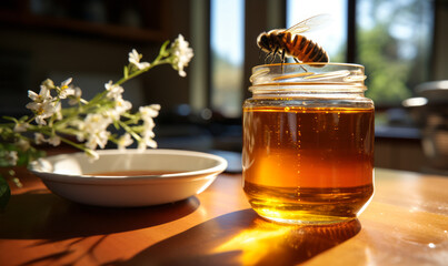 Golden Honey in Glass Jar with Bee Approaching on Sunny Kitchen Counter, Natural Sweetener in Warm Light