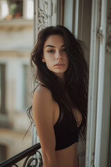 Obraz na płótnie Canvas a woman with long black hair standing on a balcony, cinematic beautiful natural skin, light blush, curls, beautiful sexy woman photo, in elegant decollete, short dark blond beard, dating app icon
