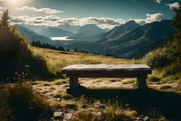 bench in the mountains - obrazy, fototapety, plakaty