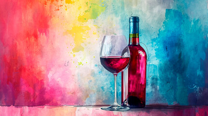 Watercolor drawing of a wine bottle and glass. Selective focus. - obrazy, fototapety, plakaty