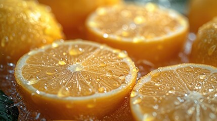 Pile of lemon slices with fresh water drops.