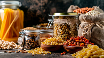 Various pasta and cereals. Selective focus.