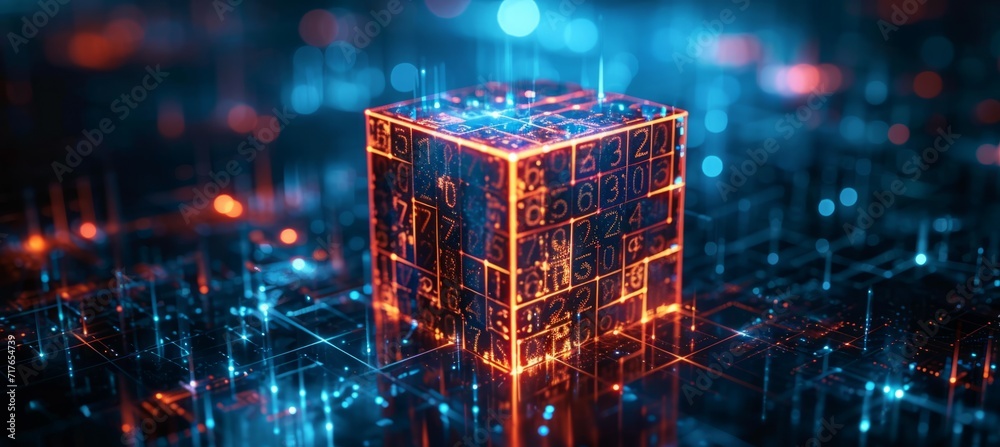 Poster Cube block. Futuristic digital technology. Generative AI technology.	
