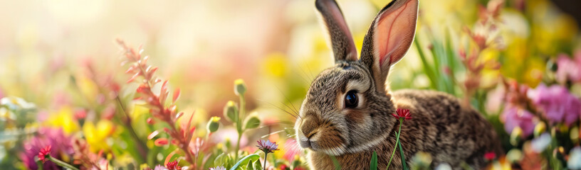 A wild rabbit in grass in meadow of Spring flowers, banner for Easter Sunday celebrations or Farm...