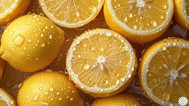 Pile of lemon slices with fresh water drops.