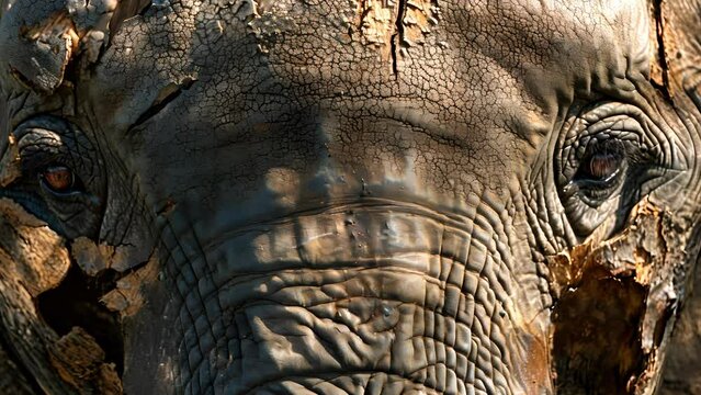 Closeup of an elephants eyes filled with fear and uncertainty as it navigates through a fragmented and shrinking forest. The loss of their habitat not only affects their physical
