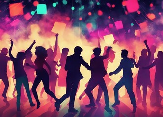 silhouettes of  people dancing at a crowded party at midnight, colorful lights and smoke at background, dijital painting.
