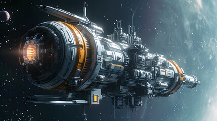 space station or spaceship in outer space, outer space background, futuristic vehicles