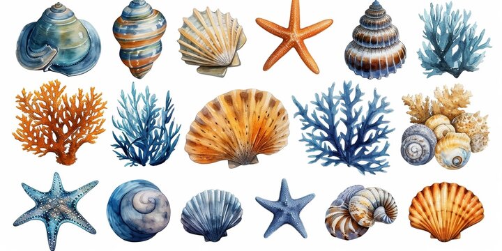 Seashell collection: watercolor illustration with a variety of shells, starfish and marine elements in a coastal design.