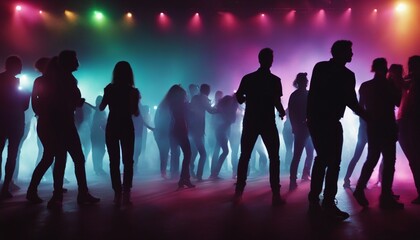 silhouettes of  people dancing at a crowded party at midnight, colorful lights and smoke at background
