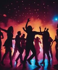 silhouettes of people dancing at a crowded party at midnight, colorful lights and smoke at background
