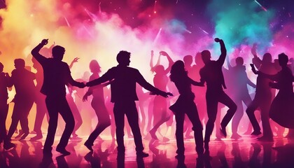 silhouettes of people dancing at a crowded party at midnight, colorful lights and smoke at background
