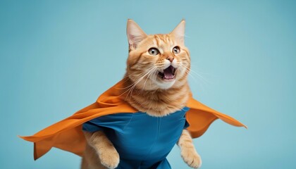 superhero cat, Cute orange tabby kitty with a blue cloak and mask jumping and flying on light blue backgorund
