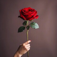 Hands holding red rose for Happiness moment, Love, couple, Anniversary, Valentine's day, wedding and love concept, Generative AI.