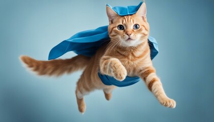 superhero cute and orange tabby cat with a blue cloak and mask jumping and flying on blue background, copy space for text

