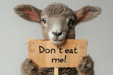A charming young lamb gazes at the camera while holding a cardboard sign with the handwritten plea Dont eat me displayed prominently. - obrazy, fototapety, plakaty